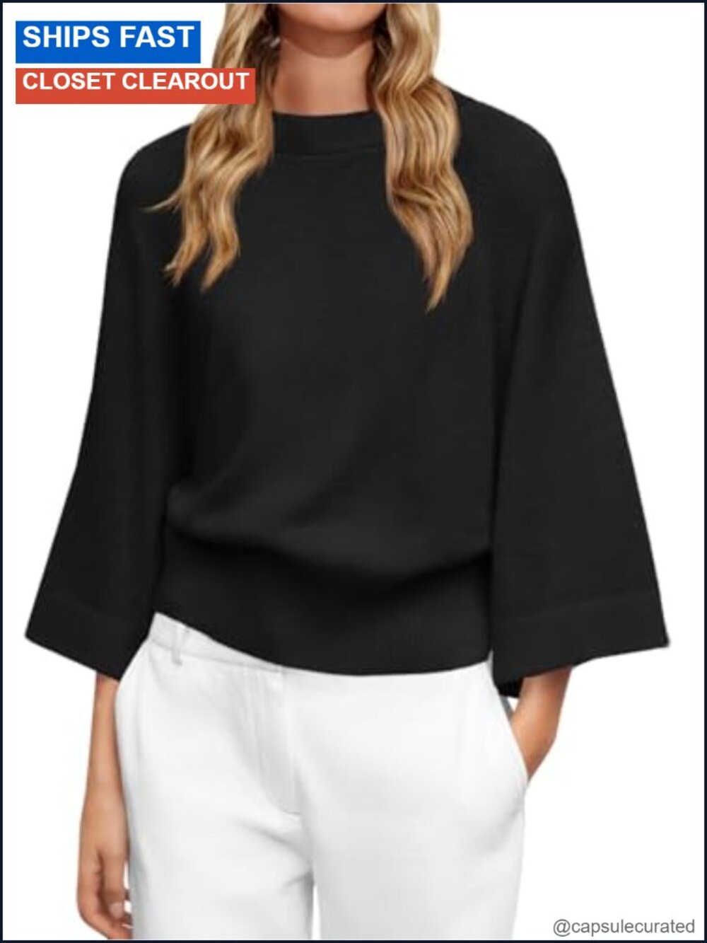 Womens Batwing 3/4 Sleeve Sweater Crew Neck Loose Knit Top